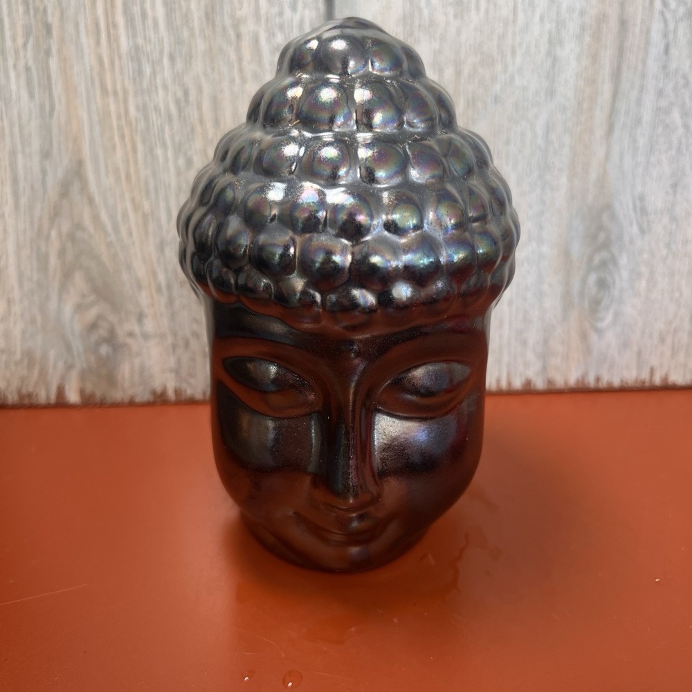 Ceramic Zen Buddha Head Silver Iridescent Spiritual Healing Hinduism‎ 5-1/4"
